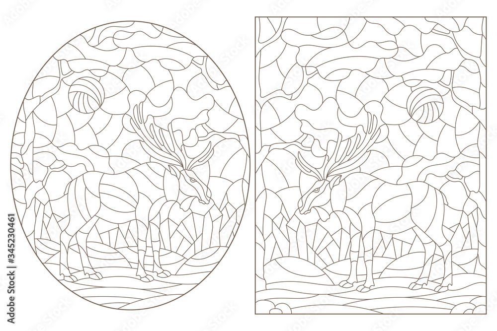 Set of contour illustrations of stained glass Windows with wild mooses on a background of forest landscape, dark contours on a white background