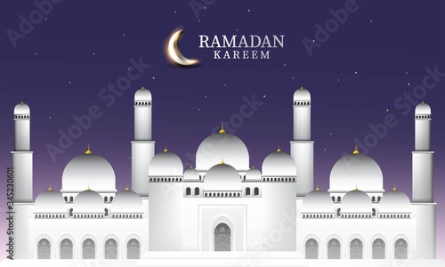 Vector graphic of Ramadan Kareem with White Mosque and night sky background. Fit for greeting card, wallpaper and other ramadan background.