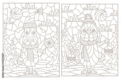 Set of contour illustrations of stained glass Windows on the theme of winter holidays, funny cartoon dogs on the background of winter landscapes, dark outlines on a white background