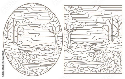 Set contour illustrations of stained glass in the stained glass style with scenery of wild nature, a mountain river , a dark outline on a white background
