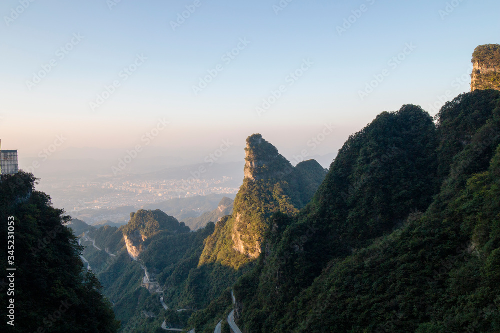 The scenery of Tianmen Mountain in Zhangjiajie, Hunan Province, China at sunset