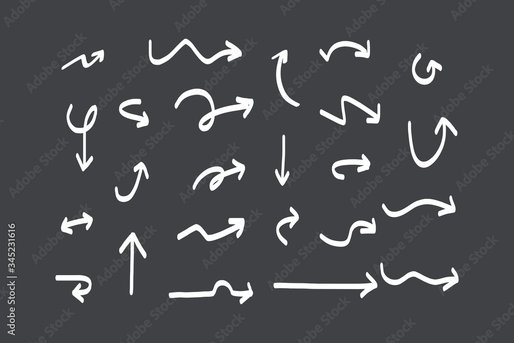 Obraz premium Hand drawn arrows. Doodle direction mark. Handmade sketch symbols set. vector illustration graphic design elements.