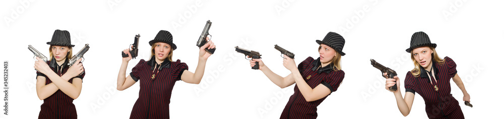 Young woman gangster with gun on white Young woman gangster with gun on white