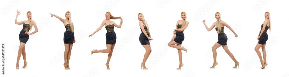 Model in strapless elegant dress isoalted on white Model in strapless elegant dress isoalted on white