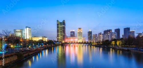 Night view of Hangzhou canal building..