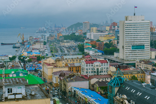Central part of Vladivostok from a height. View from above. The historical center of the capital of the Far East