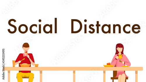 Social distance concept in restaurant : a man and a woman sit a distance apart in a restaurant or a cafe on the counter table. COVID-19 pandemic time. Vector illustration, Flat design