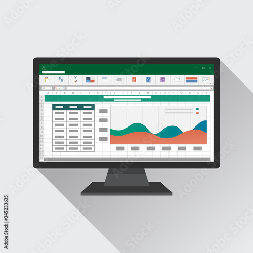 Spreadsheet on Computer screen flat icon. Financial accounting report concept. office things for planning and accounting, analysis, audit, project management, marketing, research vector illustration.
