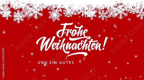 frohe weihnachten und ein gutes neues jahr german merry christmas and happy new year written over red space under white flake wreath