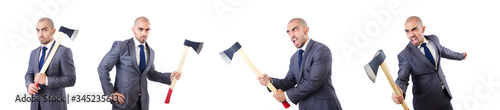 Funny businessman with axe on white