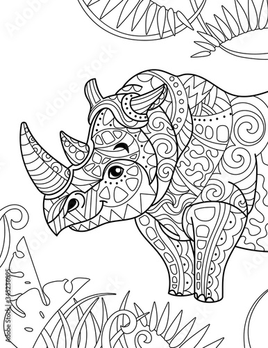 Zentangle stylized cartoon rhino rhinoceros , isolated on white background. Hand drawn sketch for adult antistress coloring page,
