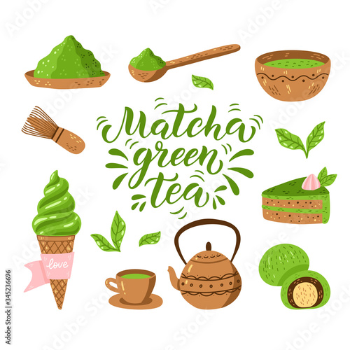 Matcha green tea vector set - matcha powder, latte, mochi, tea pot, bowl, bamboo spoon, whisk, leaves.