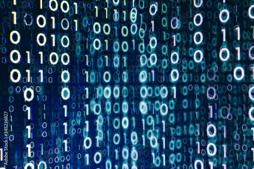 power of big data. binary code information bit on computer monitor screen display. Led light text number one and zero. blur defocus blue bokeh light. technology graphic design background concepts