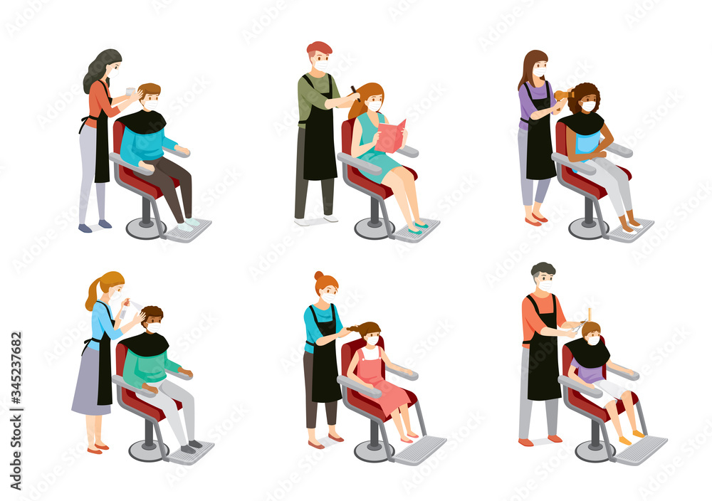 Set Of Hairdresser Doing Hair Of Customers, Man, Woman, Boy And Girl, Hairdressing Equipments