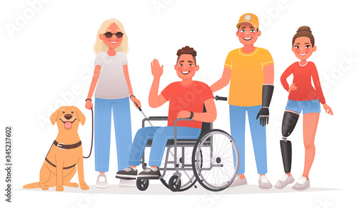 Group of characters with disabilities. People and disability. Blind woman with a guide dog, a guy in a wheelchair, a man and girl with prostheses