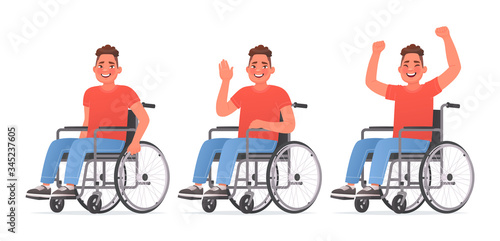 Set of character a young man with disabilities. Happy guy in a wheelchair. Disabled. Vector illustration
