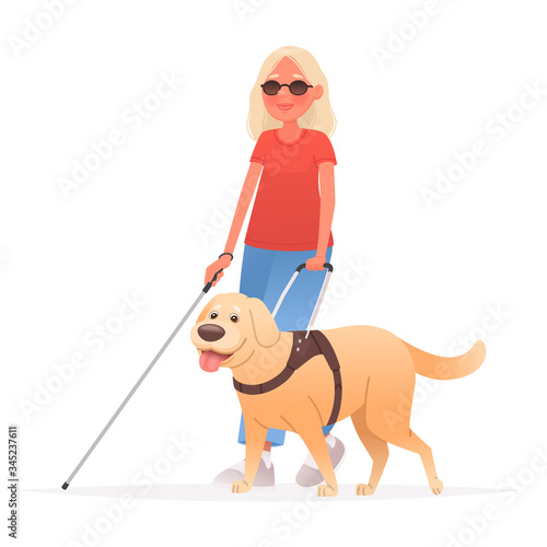 Blind woman on a walk with a guide dog on a white background. People with disabilities