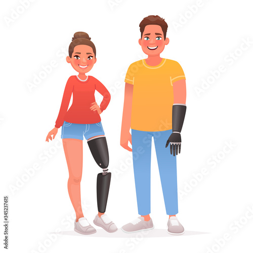 Characters of happy man and woman with prostheses of arms and legs. Limb prosthetics and a full-fledged lifestyle