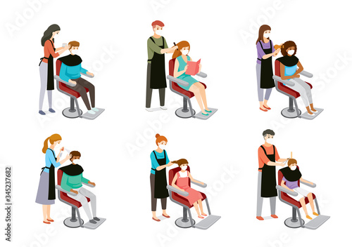 Set Of Hairdresser Doing Hair Of Customers, Man, Woman, Boy And Girl, Hairdressing Equipments