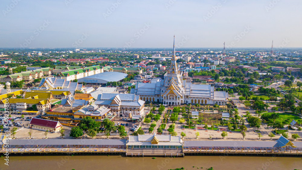 Fototapeta premium Aerial view of great grand architecture of Wat Sothon Wararam Worawihan located near Bang Pakong river in Chachoengsao province, Thailand.