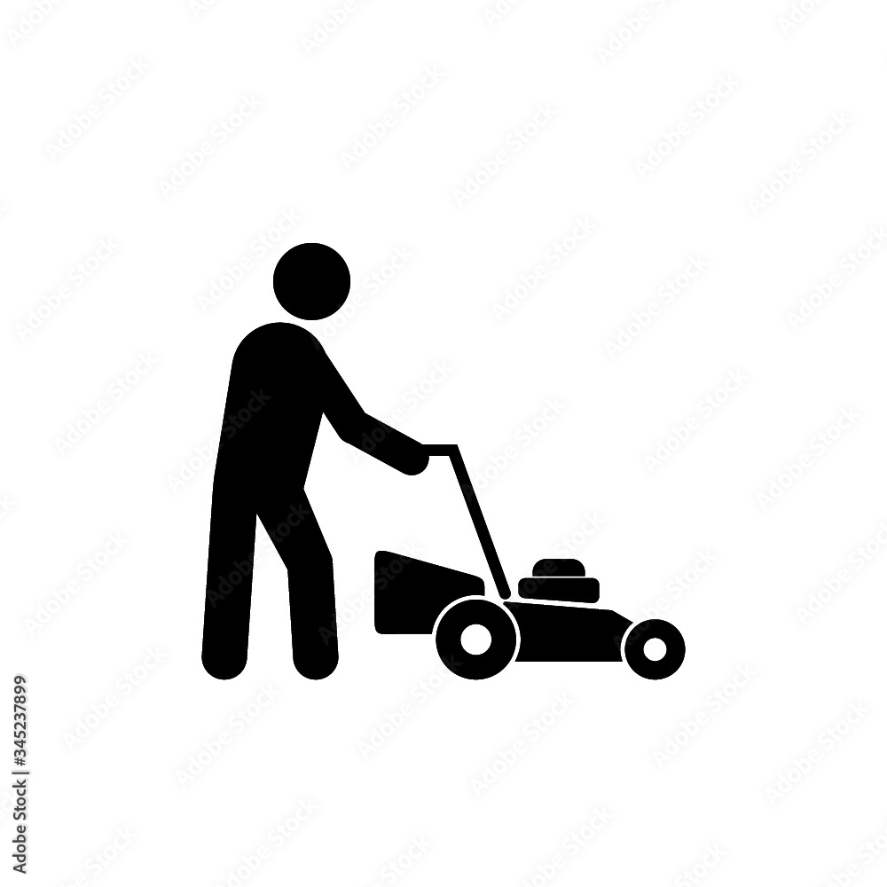 Man with lawn mower isolated on white background. Gardener with lawn mower sign Man with lawn mower isolated on white background. Gardener with lawn mower sign