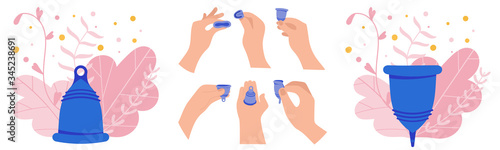 Menstrual period use cup to collecting blood. Menstrual cup hygiene device used in feminine menstruation period. Vector infographic instruction.