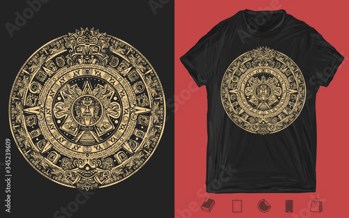 Aztec sun stone. Mayan calendar. Ancient hieroglyph signs and symbols. Mexican mesoamerican monolith. One color creative print for dark clothes. T-shirt design. Template for posters, textiles photo