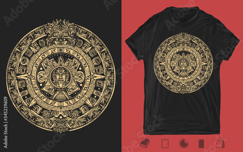 Aztec sun stone. Mayan calendar. Ancient hieroglyph signs and symbols. Mexican mesoamerican monolith. One color creative print for dark clothes. T-shirt design. Template for posters, textiles