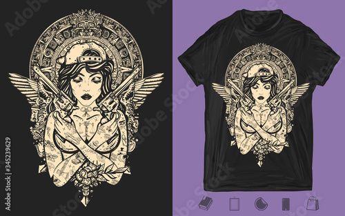 Bad girl, crossed guns, golden wings and mayan sun. Cool gangster tattooed woman in baseball cap. One color creative print for dark clothes. T-shirt design. Swag. Hip-hop and rap lifestyle