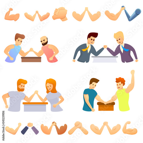 Arm wrestling icons set. Cartoon set of arm wrestling vector icons for web design