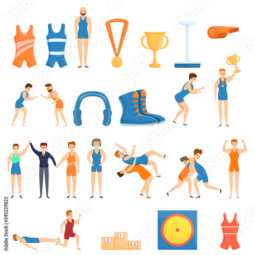 Greco-Roman wrestling icons set. Cartoon set of Greco-Roman wrestling vector icons for web design