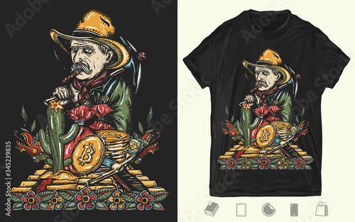Cryptocurrency. Gold digger. Mining of bitcoins. Old cowboy in hat. Wild West art. Creative print for dark clothes. T-shirt design. Template for posters, textiles, apparels