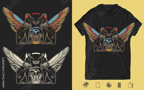 Ancient Egypt. Two winged black cats, sacred eye of god Horus and star gate. Egyptian art. Creative print for dark clothes. T-shirt design. Template for posters, textiles, apparels