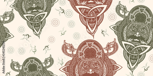 Viking warrior. Seamless pattern. Packing old paper, scrapbooking style. Vintage background. Medieval manuscript, engraving art. Northern dragons, helmet