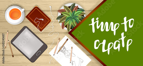 Vector background image of various items for work and its organization. Set of gadgets and concentration tools. The concept of work in self-isolation at home. With a box for your inscription