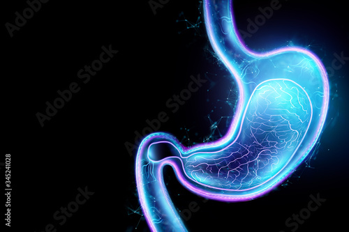 Hologram of the stomach, endoscopy procedure. Digestive tract and stomach disease concept. 3D rendering, 3D illustration.