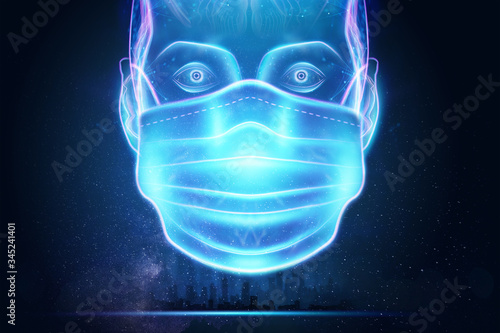Hologram medical mask, protection against viruses. The concept of pneumonia, covid-19 pandemic, coronavirus. 3D illustration, 3D rendering.