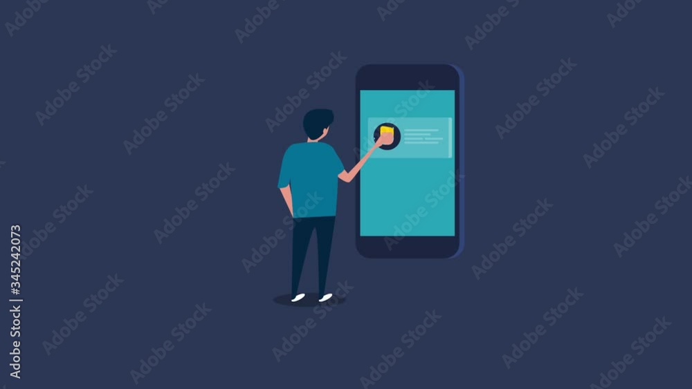 Young man communicating with virtual friends with social media app via mobile phone. 2d animation, video clip. Young man communicating with virtual friends with social media app via mobile phone. 2d animation, video clip.