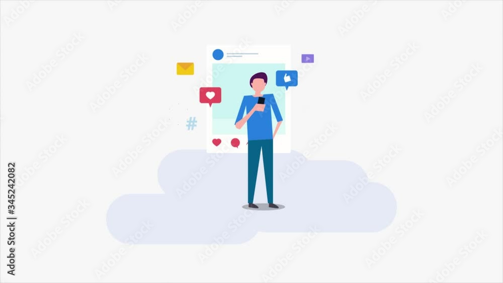 Young man interacting with social media post via smartphone concept. 2d animation, video clip. Young man interacting with social media post via smartphone concept. 2d animation, video clip.