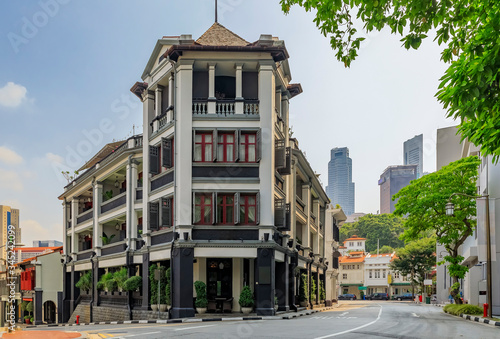 Famous Club street in Singapore Chinatown with colorful colonial shop houses photo