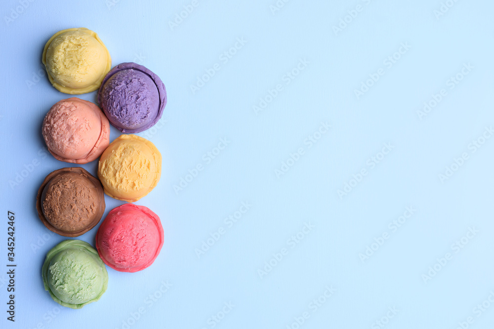 Berry, banana and chocolate ice cream scoops, flat lay with copy space. Cold refreshing summer sweets, restaurant menu or food background Berry, banana and chocolate ice cream scoops, flat lay with copy space. Cold refreshing summer sweets, restaurant menu or food background