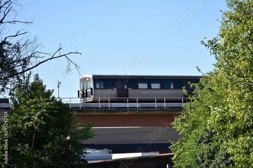 Elevated mass transit train traveling beyond trees on route to downtown