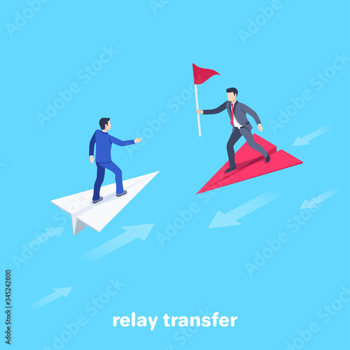 isometric vector image on a blue background, men in business suits fly on paper airplanes to each other to pass the baton flag, relay transfer