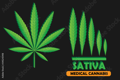 Green leaf of Cannabis Sativa. Vector illustration of medical marijuana. Simple form, for graphic design of logo, emblem, sign, badge, label, isolated on orange background.