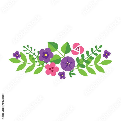 Floral design element. Bouquet of violet and pink summer flowers on a white background. Vector 8 EPS.