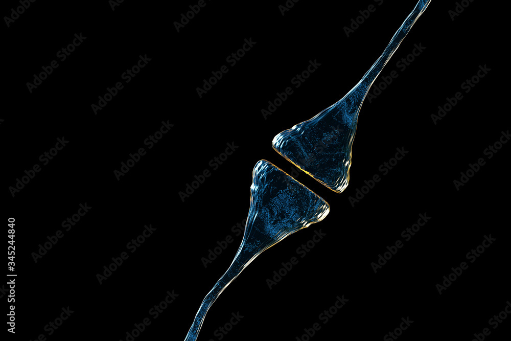 Synapse and neurons in the human brain. Sending chemical and electrical signals, human nervous system. 3D illustration, 3D rendering. Synapse and neurons in the human brain. Sending chemical and electrical signals, human nervous system. 3D illustration, 3D rendering.