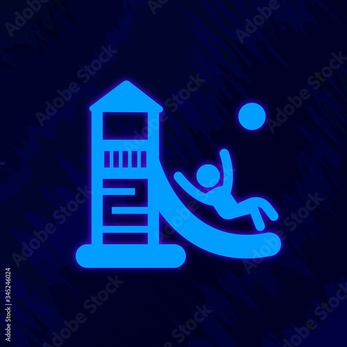 Stylized vector image of a child playing on a Playground. Roll down the hill, play ball. Simple vector illustration, bright blue neon glow. Isolated icon.