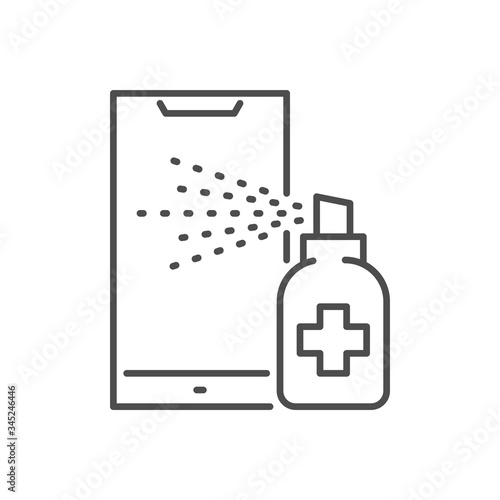 Smartphone disinfection related vector thin line icon. Alcohol Disinfector sprays aerosol onto a smartphone screen. Isolated on white background. Editable stroke. Vector illustration.