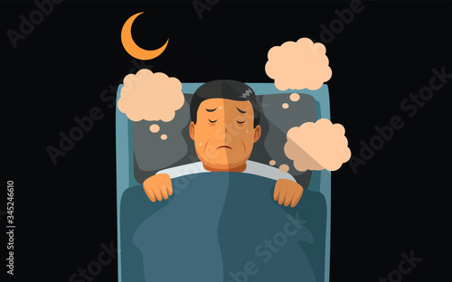 old man with sleep problem, can not sleep, insomnia, anxiety, flat cartoon character design