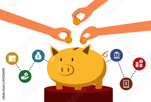 hand insert coin in golden piggy bank together with related icon set, saving money concept, financial management.